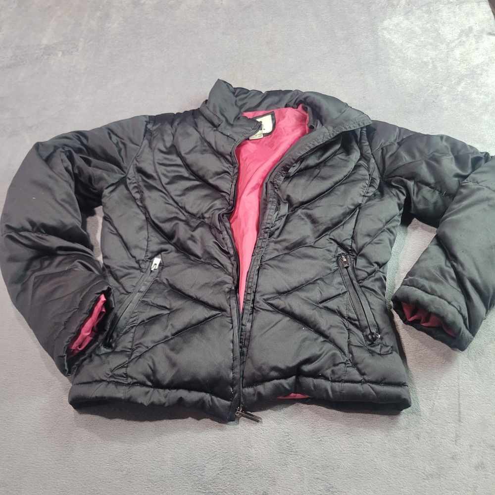 L.E.I Puffer Jacket Womens Medium Black Down Feather Quilted Chevron Winter Coat